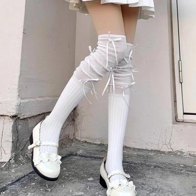 Solid Color Lace Bowknot Thigh High Stockings Women Trendy Casual Over The Knee Long Sock Thermal Warm Cotton Tall Tube Leggings