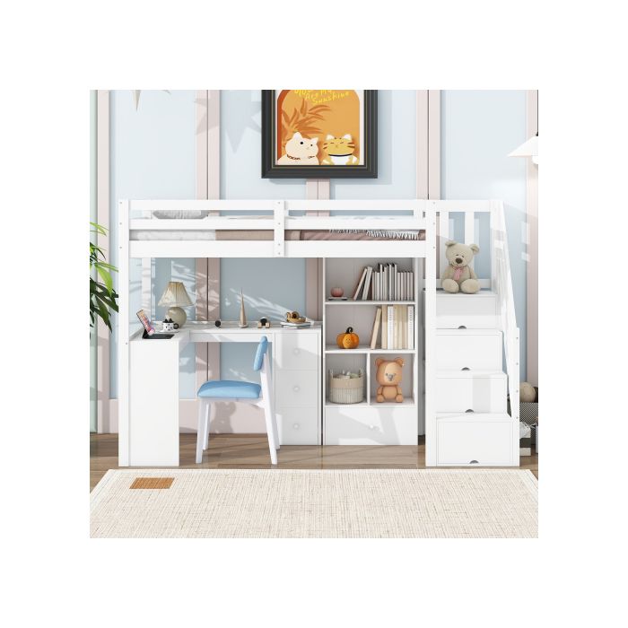 Lit mezzanine - MUVOE - 90x200 cm - Échelle télescopique - Étagères multiples - Certifié EN 747