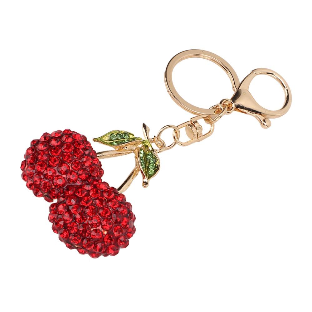 2pcs Sparkling Finish Cherry Keychain Red & Pink Key Ring Pendant Fruit Bag Charm  For Car Accessory