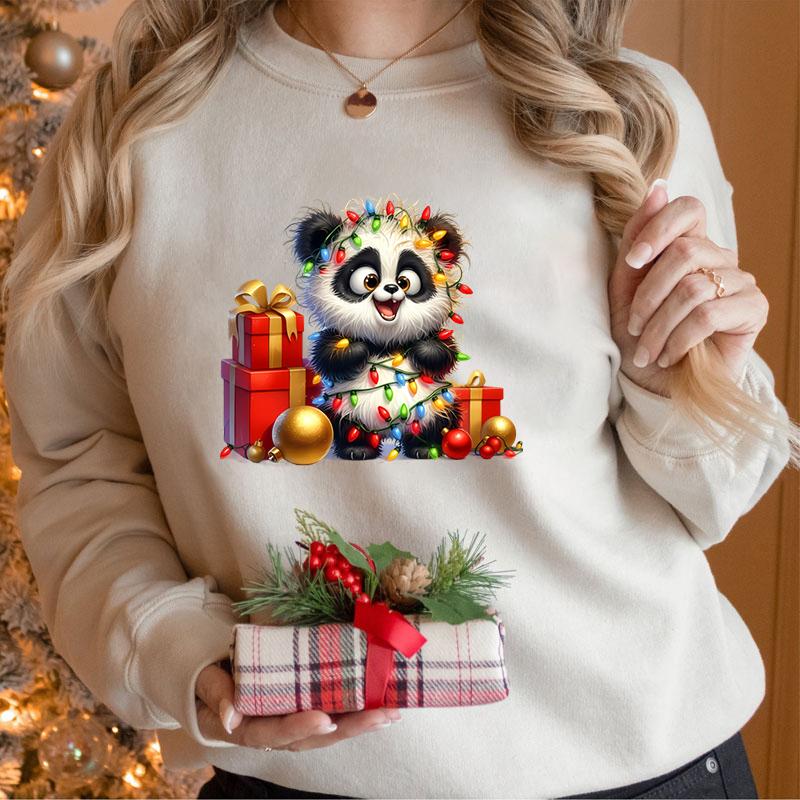 Merry Christmas Cartoon Panda Lights Design Women Sweatshirt Graphic Christmas Kawaii Cartoon Panda Gifts Holiday Sweatshirts