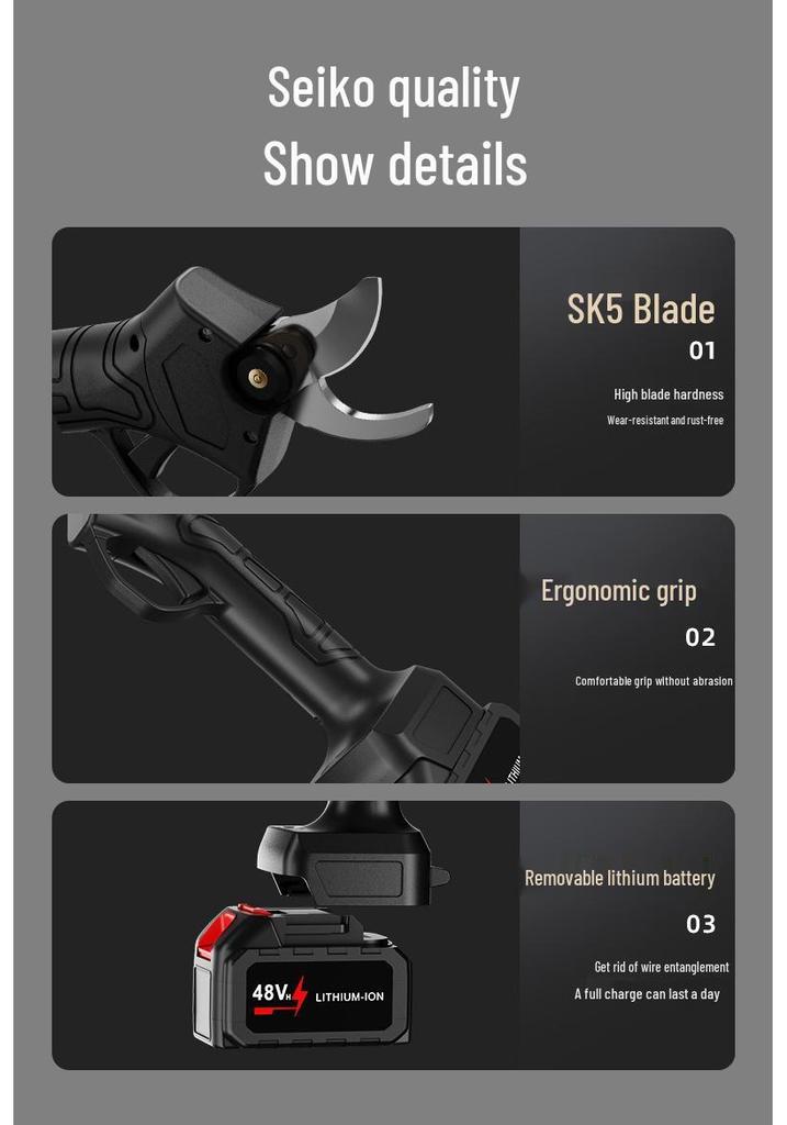 Rechargeable Handheld Electric Pruning Shears for Thick Branches and Fruit Trees with Lithium Battery.
