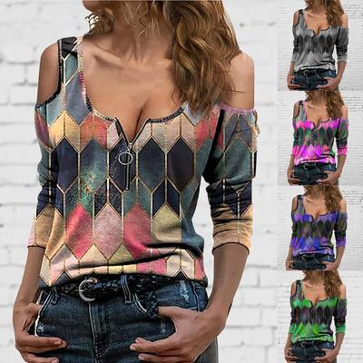 Móda Ženy Klopa Geometrický potisk Zip Dlouhý rukáv Ležérní halenka Tričko Top