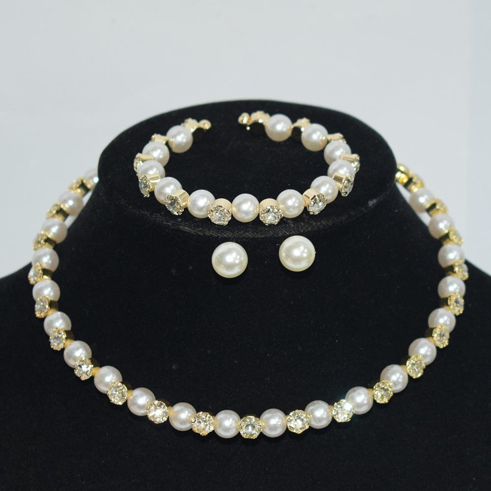 Bridal Wedding Pearl Rhinestone Bundle Neck Chain Collar Bracelet Stud Earrings Three-piece Amazon Claw Chain Set