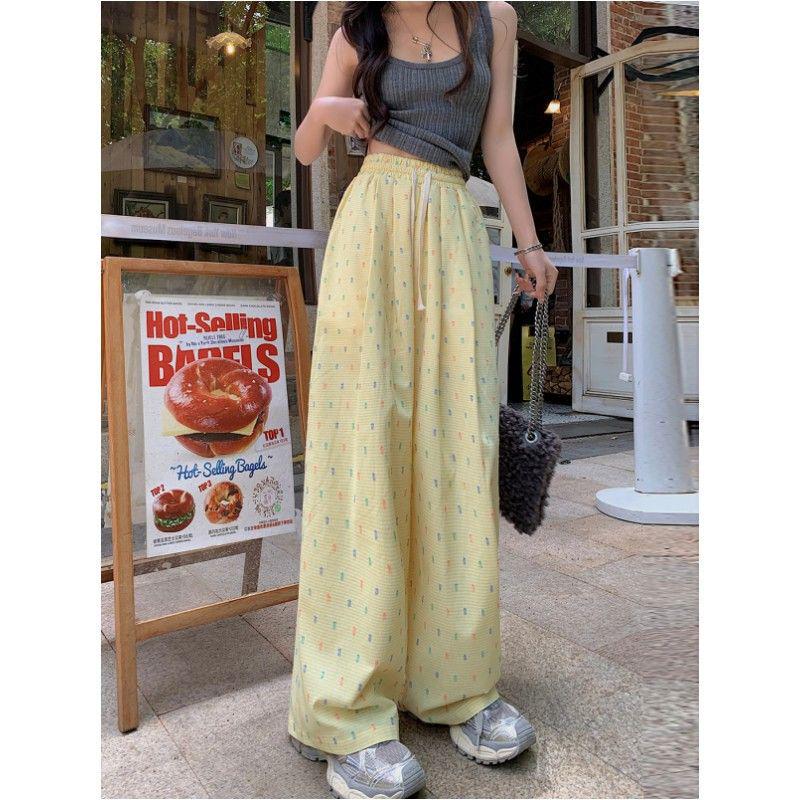 Korean Style Women's Blue Striped High Waist Wide Leg Loose Pants for Spring/Summer