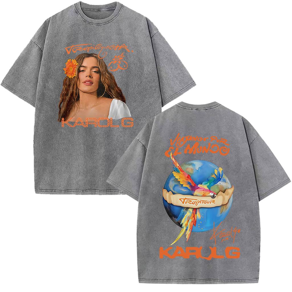 Karol G Viajando Por El Mundo Tropitour  Graphics T Shirt Unisex Women Fashion Cotton Loose Casual Vintage Washed Tshirts Tops
