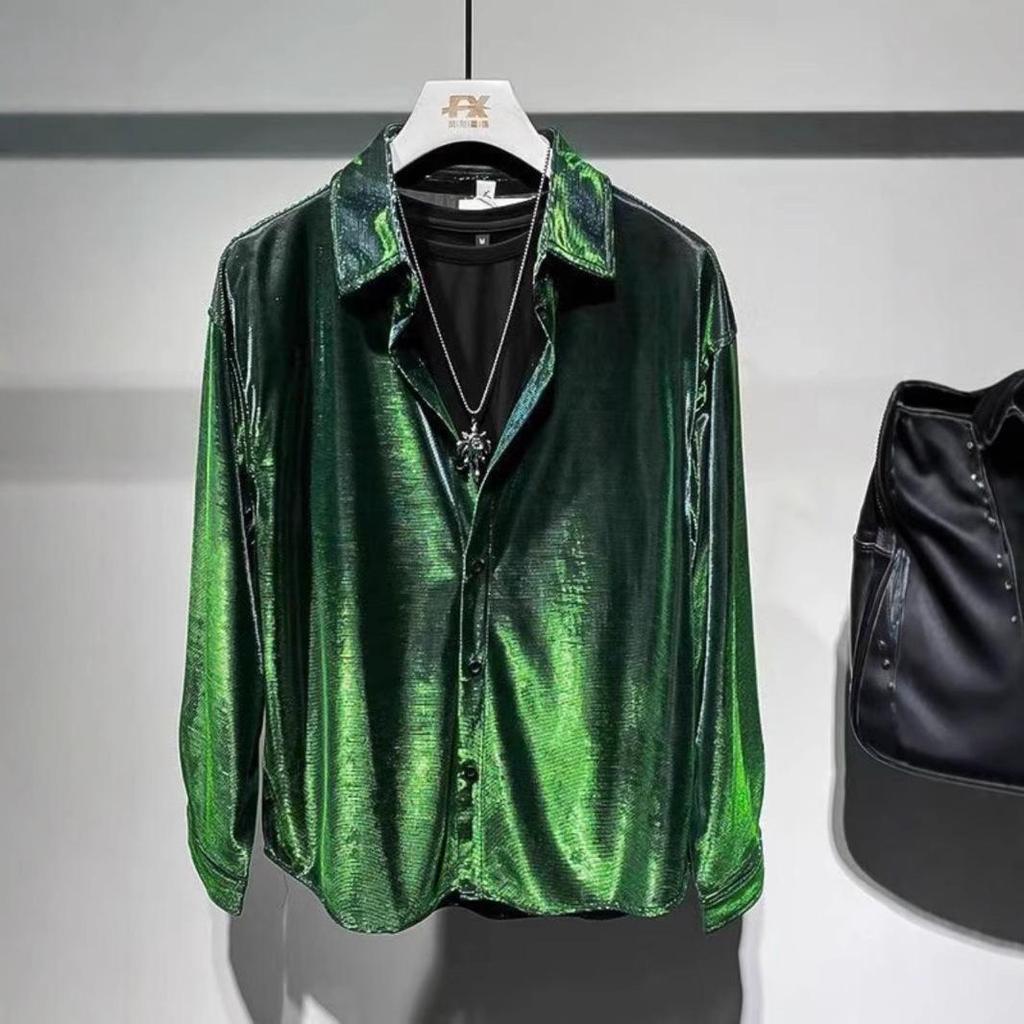 Men's Streetwear Long-Sleeve Pique Shirt - 2024 Spring/Autumn Collection, Loose Fit, Shiny Handsome Style