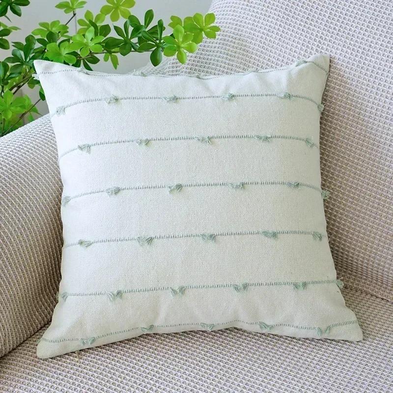 Line Linen Pillow/Cushion Covers European with Tassels Throw Pillow Sham 18x18 Home Decor Square Decorative for Couch Kids Bed