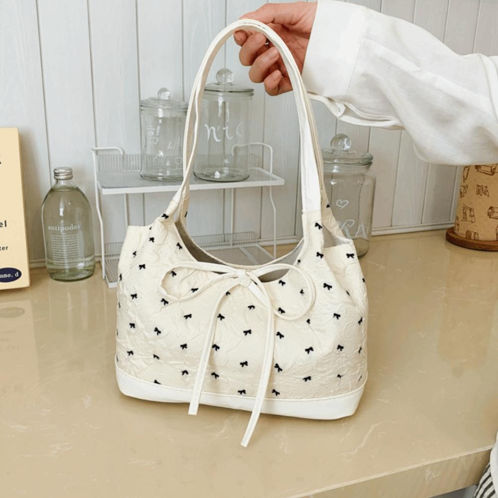 Sweet Bow Handbag Contrast Color Simple Versatile Shoulder Bag Korean Style Luxury Design Women Underarm Bag Commuting Tote Bag