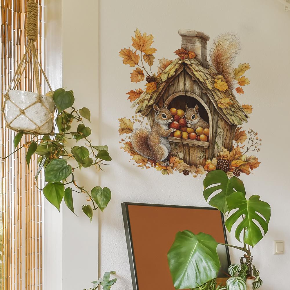 Cartoon Cabin Squirrel Nuts Bedroom Living Room Home Wall Background Beautification Decoration Wall Stickers