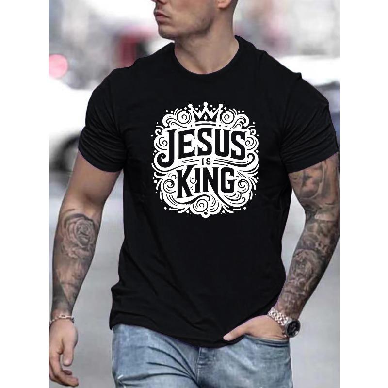 European Size Men's Casual Summer Jesus Is King Graphic Print T-Shirt, Crew Neck, Short Sleeve, Machine Washable