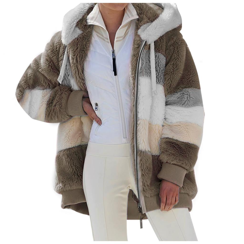 Autumn and Winter Warm Plush Patchwork Zipper Pocket Hooded Jacket for Women