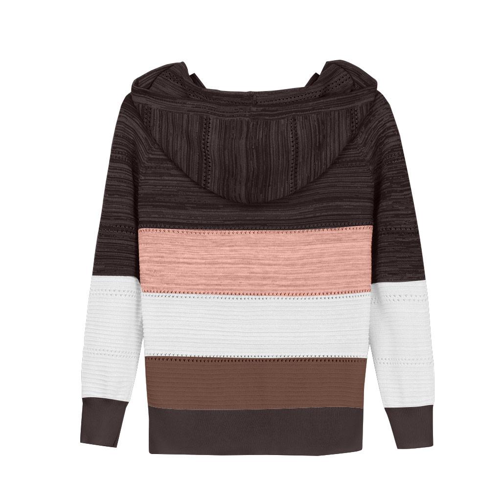 Fashion Women Casual Patchwork V-Neck Long Sleeves Hooded Sweater Blouse Tops