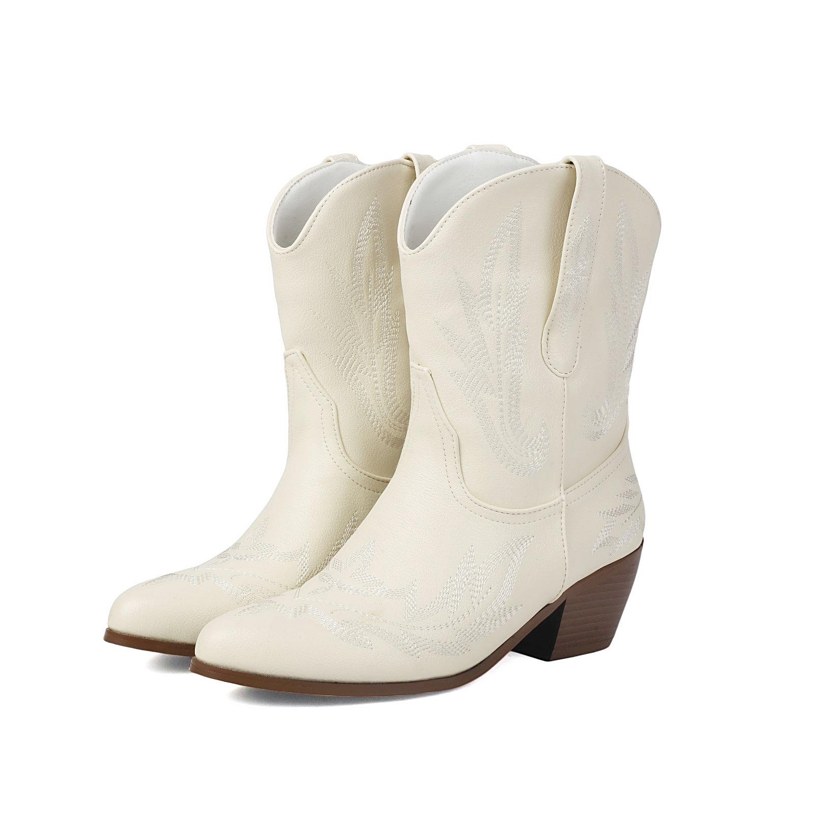 

Cowboy Boots Women Embroidery Western Cowgirl Booties Ankle Pull-on Chunky Heel Shoes for Country Concert Disco Outfits 35 білий