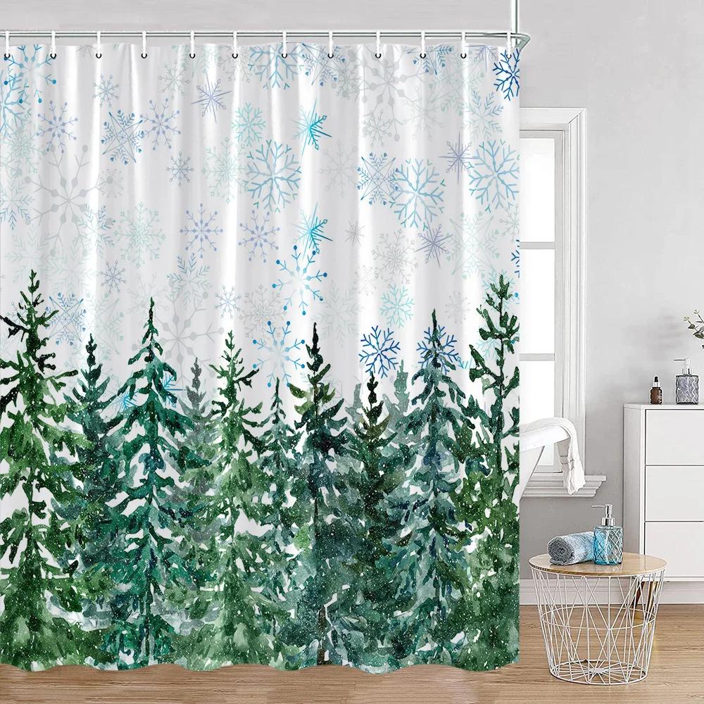 Duschvorhänge mit nebligen Wäldern, verschneite Kiefern, grüne Wälder, Naturlandschaft, minimalistisches Badezimmerdekor, moderner Badevorhang aus Polyester
