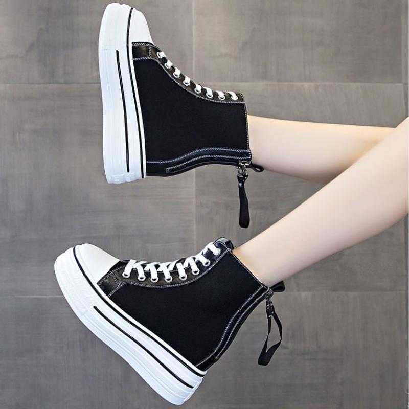 Women'S Thick Soled Sneakers New Slope Heel 8Cm Height Increase Women'S Zipper Breathable Casual High Top Canvas Shoes