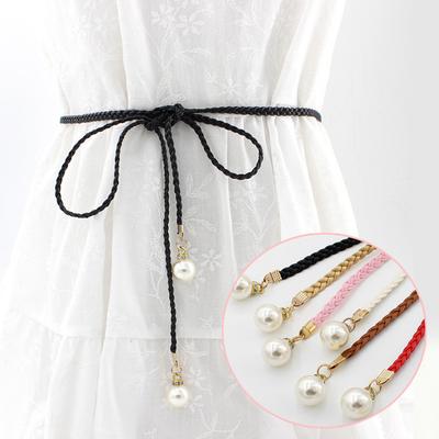 1Pc Ladies Multicolor Pearl Belt Fashion Woven Waist Rope Spring and Summer Imitation Leather Dress Knotted Waist Chain