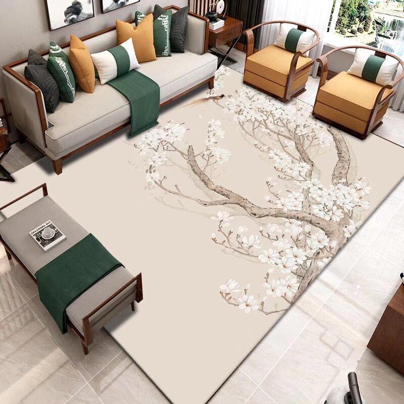 Chinese Style Living Room Rug with Flower Bird Painting Pattern Carpet Lounge Soft Carpet Waterproof Anti-slip Customizable