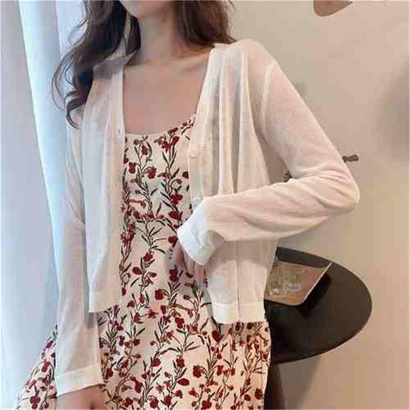 Módní letní pletené sluneční tričko Nové dámské ležérní kardigany s dlouhým rukávem V výstřih Tenký top Jednobarevné Jednoduché Elegantní halenky 3668