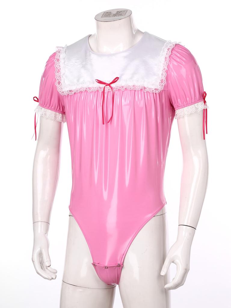 Costume cosplay da uomo Sissy Maid Crossdresser pagliaccetto con finiture in pizzo manica a sbuffo body con cerniera body in pelle verniciata