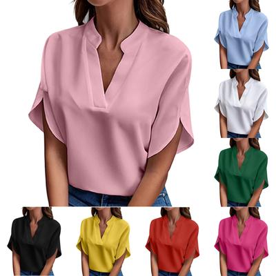 Spring And Summer V-neck Solid Color Casual Versatile Short-sleeved Pullover Shirt