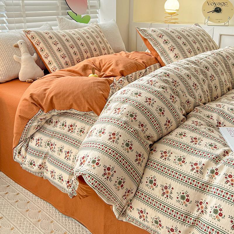 Class A Maternal And Infant Grade Bubble Cotton Bed Four-Piece Set Washed Cotton Bed Sheet Quilt Cover Bed Hat Student Dormitory 3Pcs Set