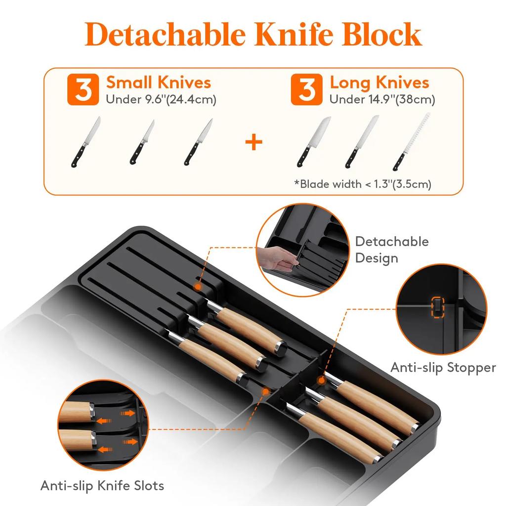 Silverware Drawer Organizer Expandable Utensil Tray with Removable Knife Block Utensil Storage Trays for Knives and Forks