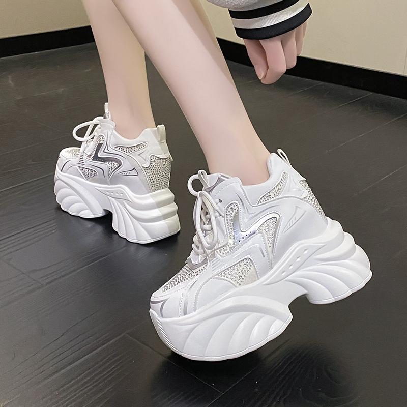 Fashion 10CM Heels Chunky Sneakers Spring Autumn Women Thick Leather Shoes Comfortable Casual Leather Shoes Fashion Bling Leather Shoes