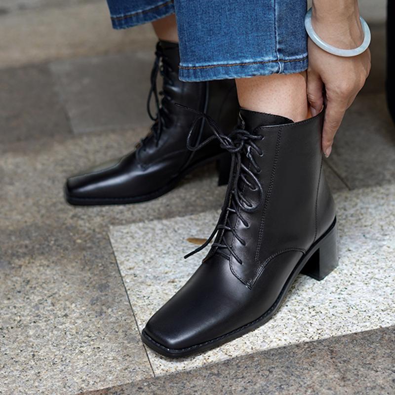 Fashion 2025 New Women Shoes Genuine Leather Ankle Boots Lace-up Thick Heels Motorcycle Boots Square Toe Warm Short Street Fashion Boots