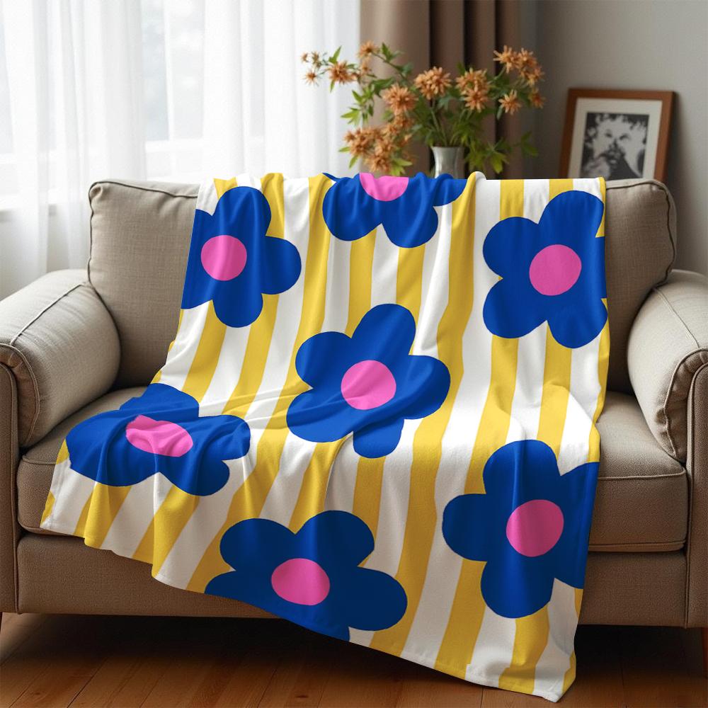 Yellow Vertical Stripe Flower Soft Flannel Blanket Breathable Warm Throw for Office Car Sofa Kids Room Birthday Xmas Gift