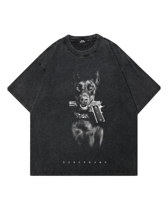 Streetwear Funny Doberman Dog Graphic, sprana czarna koszulka