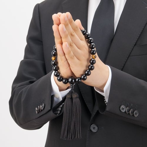 Buddhist Altar Shop Takita Shoten Buddhist Prayer Beads for Men, Ebony (Glossy), 2-Ten, Tiger's Eye Stone, 22 Beads, Silk Tassel, Prayer Bead Bag, Sui