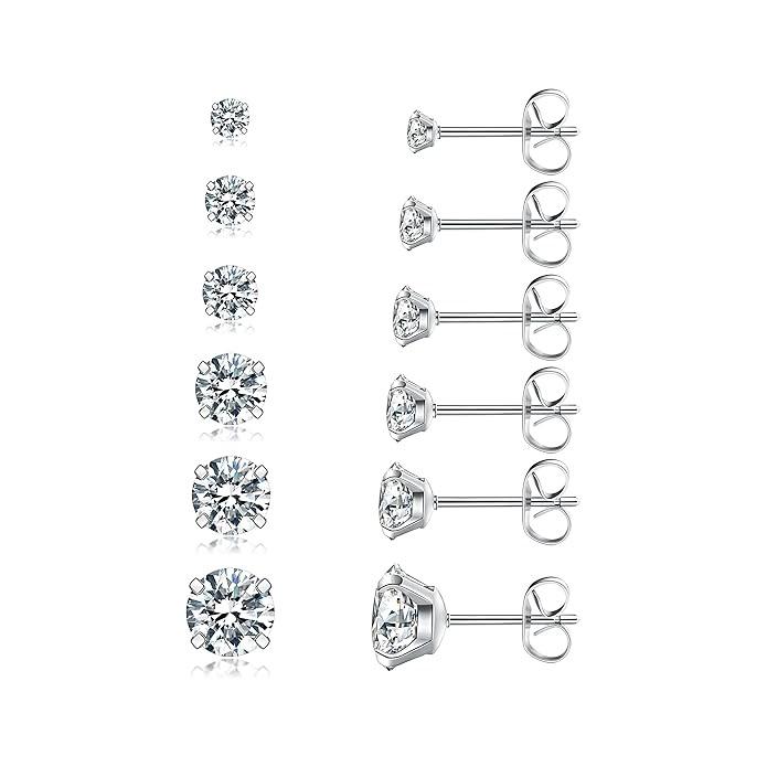 

Kolip 6 Pairs Stud Earrings Set, 316L Earrings Stainless Steel CZ Earrings 3-8mm Silver