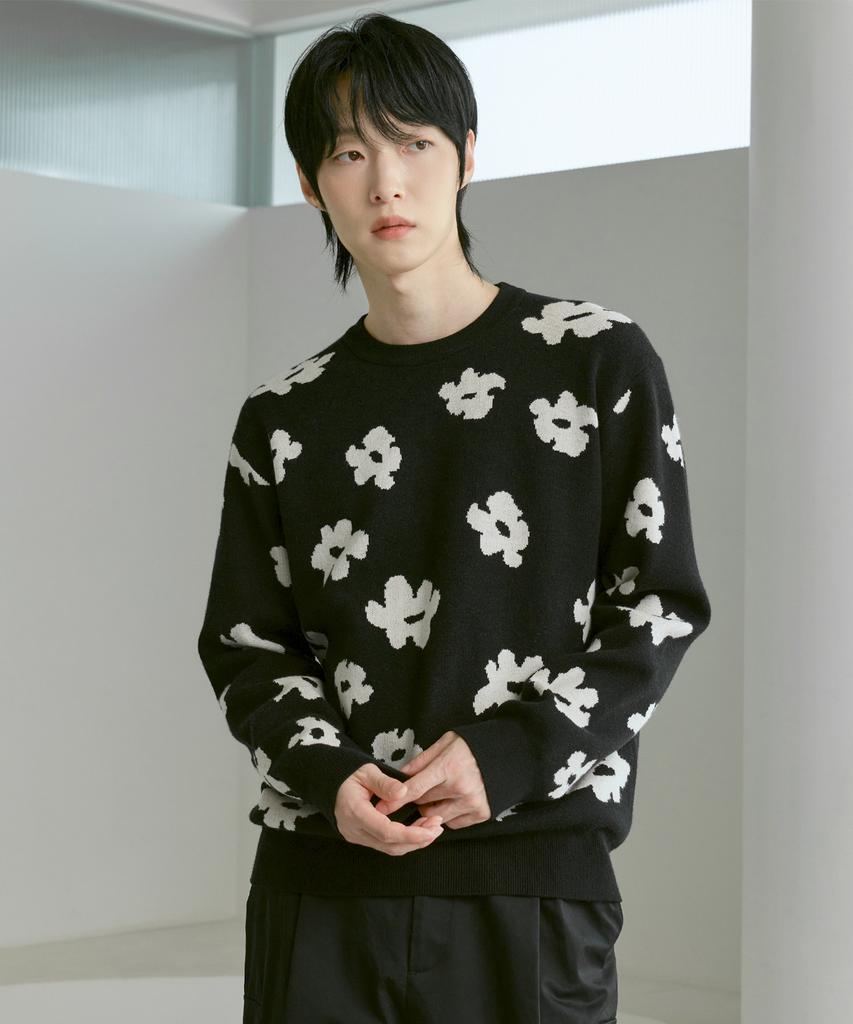 210EDIT Unisex Flower Jacquard Round Knit [Black]_Zg1Sw021