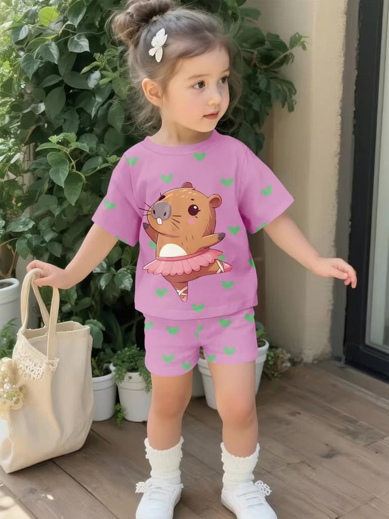 Girls Summer 2 Piece Set Cute Capybara Animal Print Short Sleeve Top And Shorts Casual Outfit For Kids Daily Wear