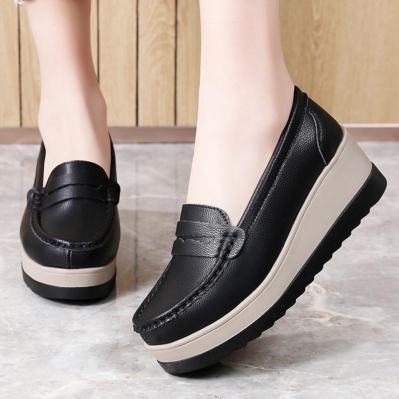 Women's Plus Size Genuine Leather Slip-On Platform Shoes - Thick Sole, Height Increasing, Spring & Autumn Fashion for Work.