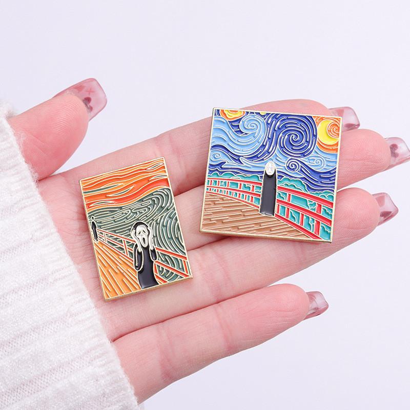 Creative Retro Oil Painting Cat Waves Brooch Charming Alloy Pin For Men And Women