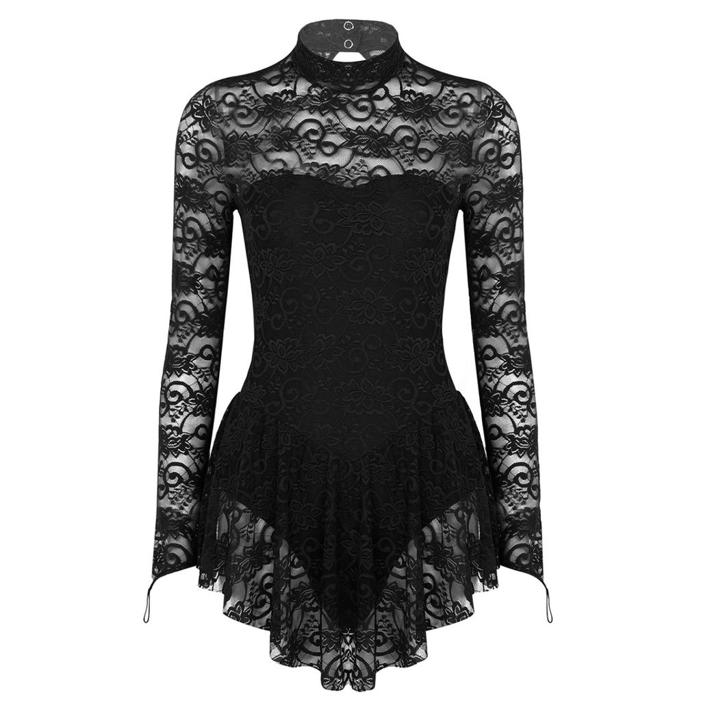Women's Floral Lace Ballet Dance Leotard Fingerpoint Sleeves Figure Ice Skating Dress Costume