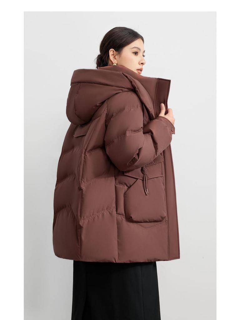 Women's Black Down Jacket: Mid-Age Style with Removable Hood and Large Pockets, Thickened for Extra Warmth