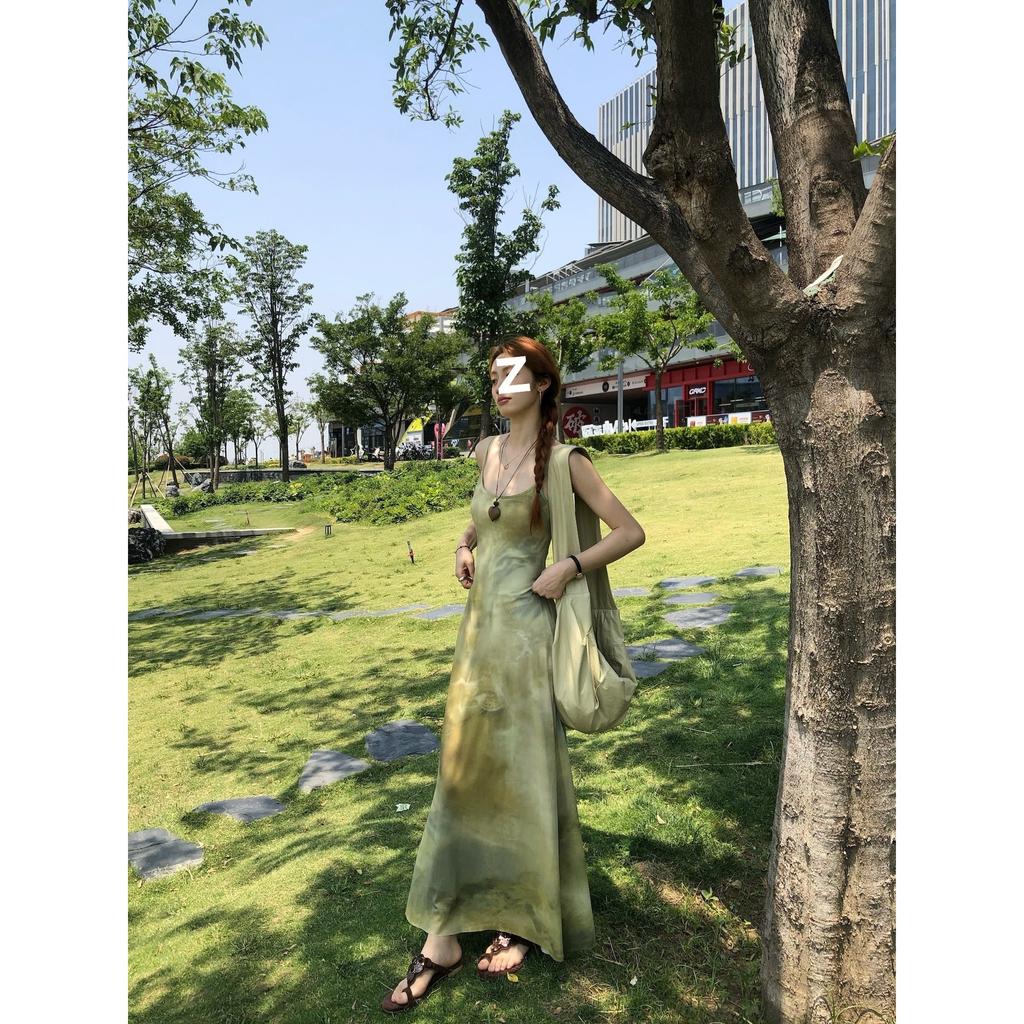 Retro cold green pure desire suspender dress summer new printed long dress temperament green niche thin