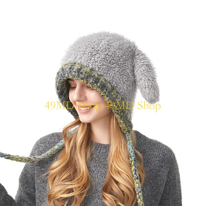 49MD Furry Rabbits Hat White Soft Knitted Headwear for Women Winter Cycling Climbing Skiing Furry Rabbits Hat Thick Lining