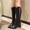 Temperament high tube rear zipper knight boots pointed head medium heel high boots French women's imitation leather thin mouth V thick heel