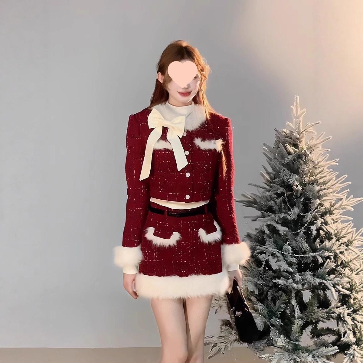 

2025 Winter Women s Chic Red Christmas Set: New Year Patchwork Jacket & Skirt M