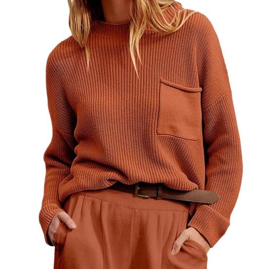 Женский осенне-зимний вязаный свитер с круглым вырезом и длинными рукавами, карманами, толстые теплые однотонные повседневные базовые джемперы, топы, уличная одежда S кирпич красный