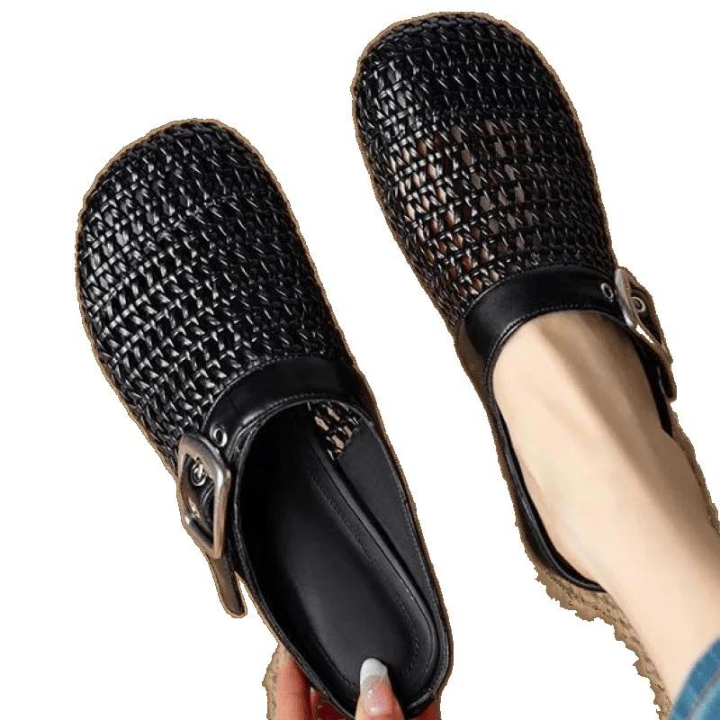 Silver Toe-Over Summer Flat Bottom Half Slippers Women's Breathable Hole Design Outdoor Wear Rubber Sole Simple Style Shoes