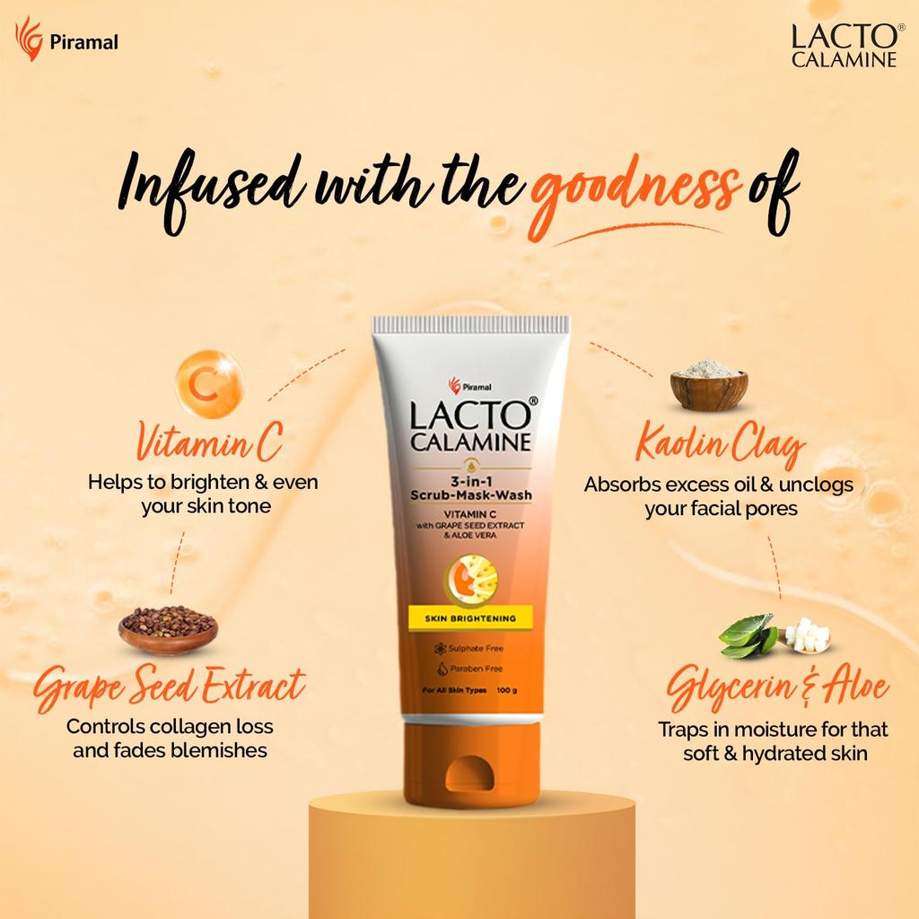 Lacto Calamine 3-in-1 Vitamin C Face Scrub Mask Wash 100ml Brightening Multi-Action Skincare