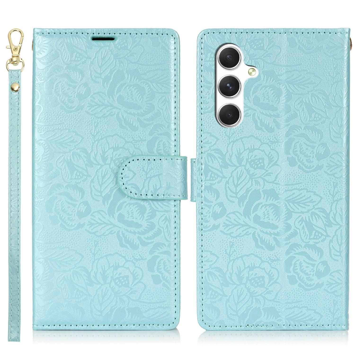 

For Samsung Galaxy A55 5G Case with Hand Strap Flower Imprint Leather Wallet Phone Cover Blue