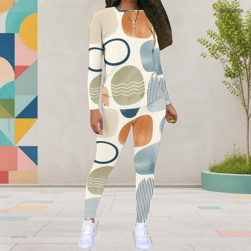 Women Plus Size Printed Round Neck Long Sleeve Top And Fitted Pants Two Piece Set