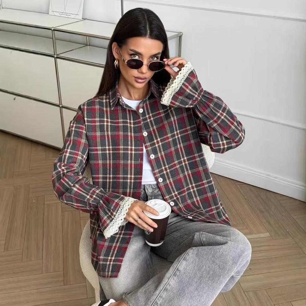 Red Black Gray Plaid Shirt with Lace Cuff Detail