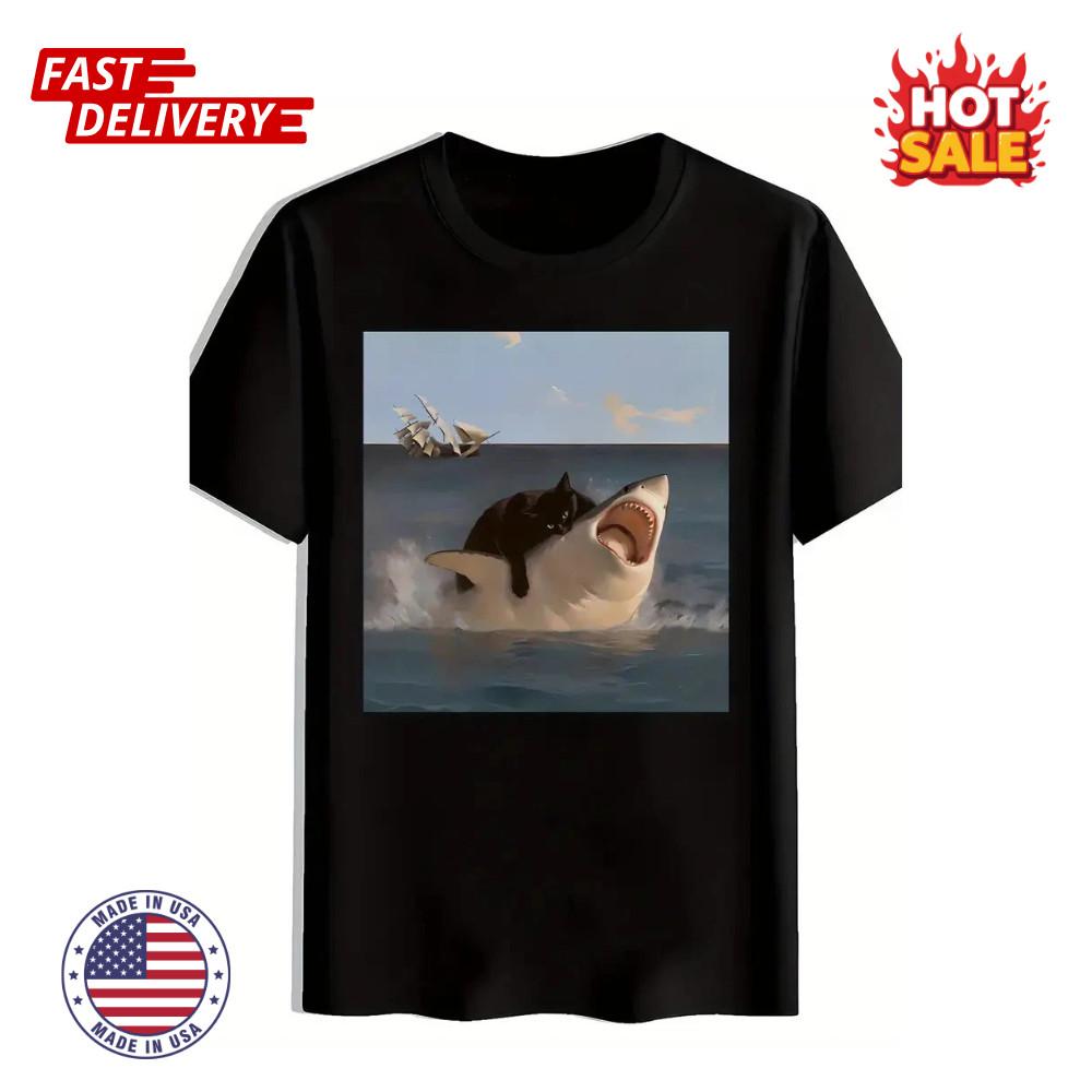 SALE Men S Funny Shark vs Cat Graphic T-Shirt Crew Neck Tee with Great White S