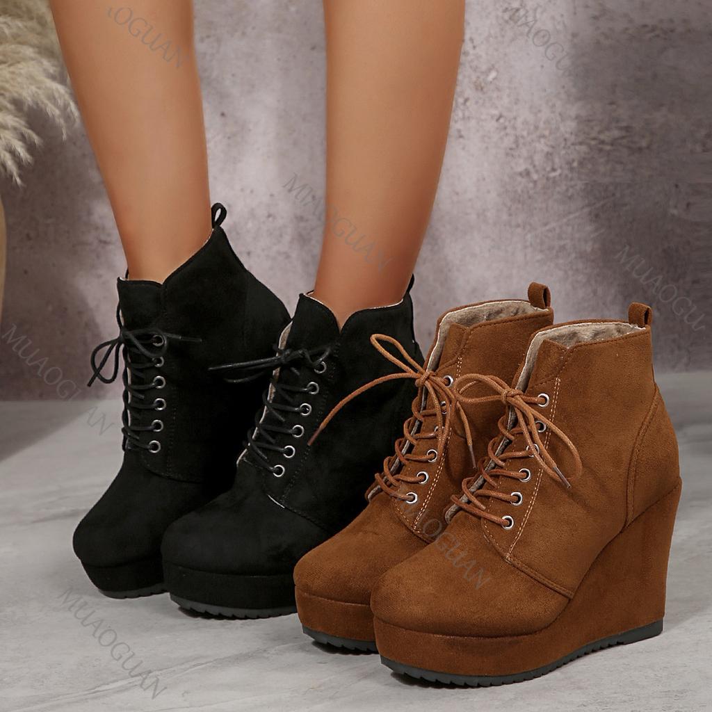 Fashion Wedges High Heels Ankle Boots for Women Retro Suede Lace Up Women's Autumn Shoes Casual Solid Platform Fashion Gladiator Botas